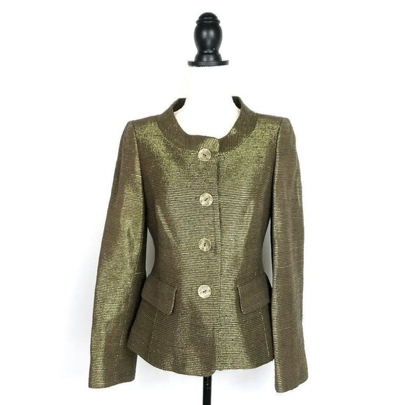 NEW Ellen Tracy Mahogany Gold Metallic Stripe Texture Silk Blend Jacket Size 4 - Picture 1 of 7